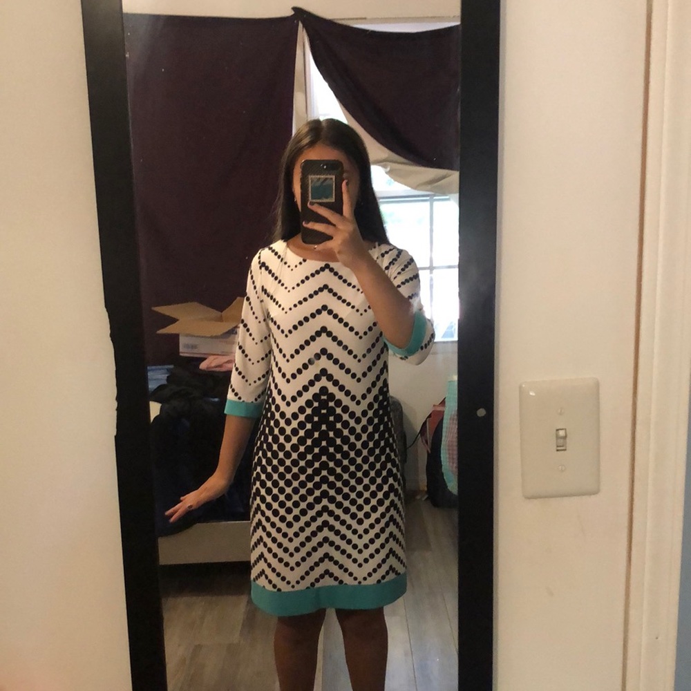 Sandra Darren White nd Blue dress.
